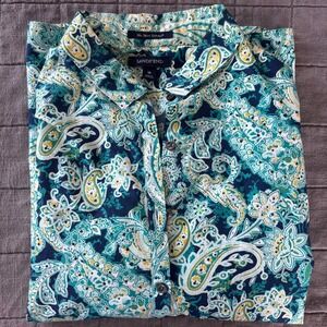Lands End No Iron Supima Cotton Button Up 3/4 Sleeve Womens 16 Blue Teal Paisley
